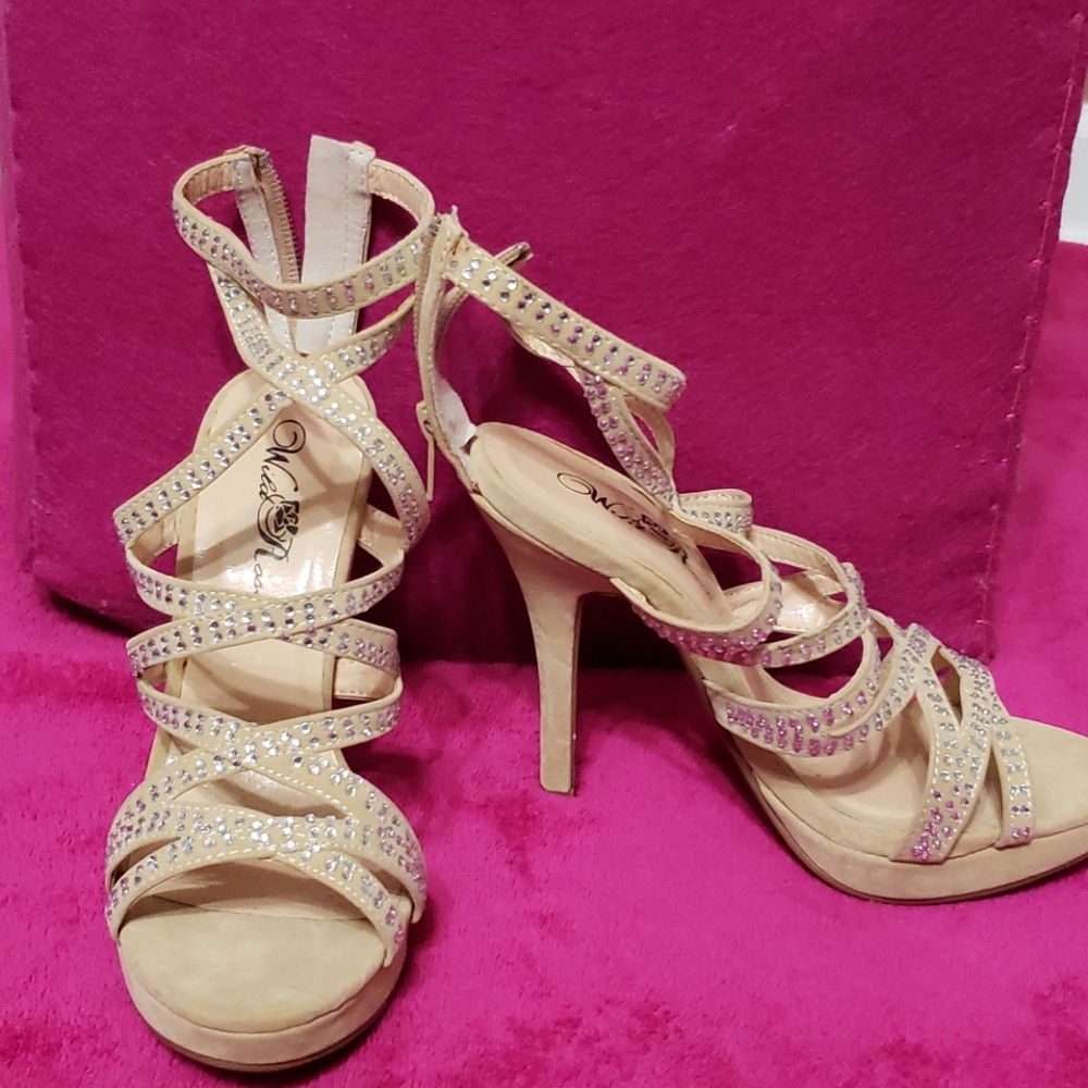 Never worn tan heel sandals with rhinestones